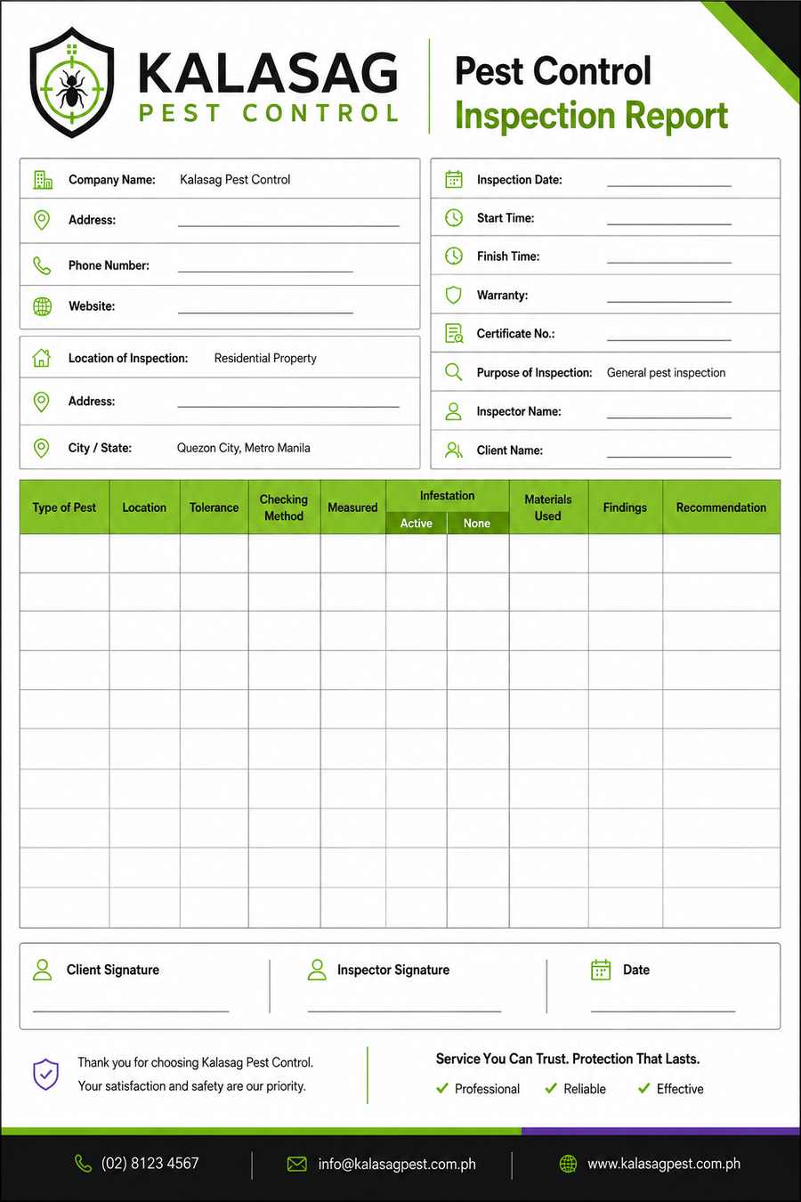 Kalasag pest control inspection report
